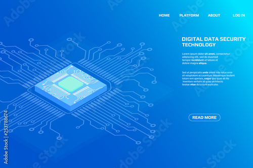 Digital Isometric CPU Microprocessor UI Security Storage System Data Access Protection Gadgets.Abstract Scifi Authentication Futuristic Circuit Board Panel Element Illustration Background.