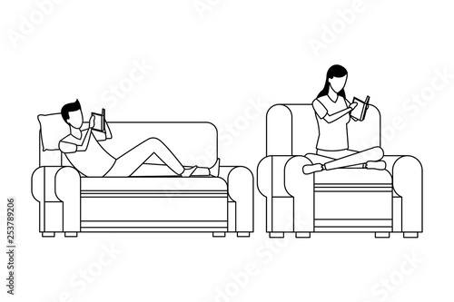 faceless couple reading living room in black and white