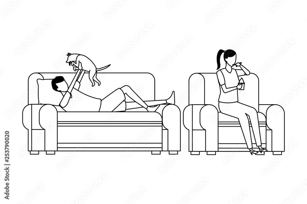 faceless people relax with dog living room in black and white