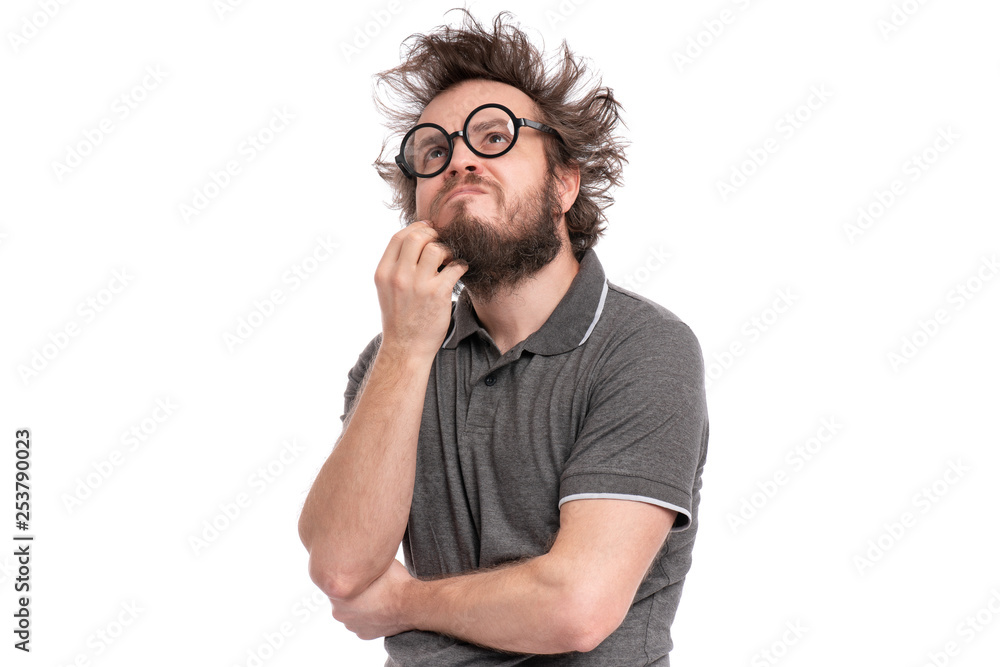 Crazy thoughtful bearded Man with funny Haircut in eye Glasses - ponder and  dreaming. Casual thinking guy, isolated on white background. Emotions, and  signs concept. Stock Photo | Adobe Stock