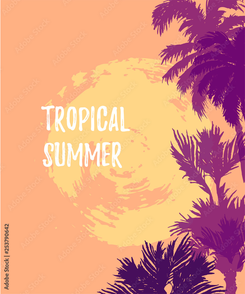Obraz premium Sunset or sunrise with palm trees. Tropical summer. Place for your text. Vector illustration for party, invitation, flyer, poster, banner, web.