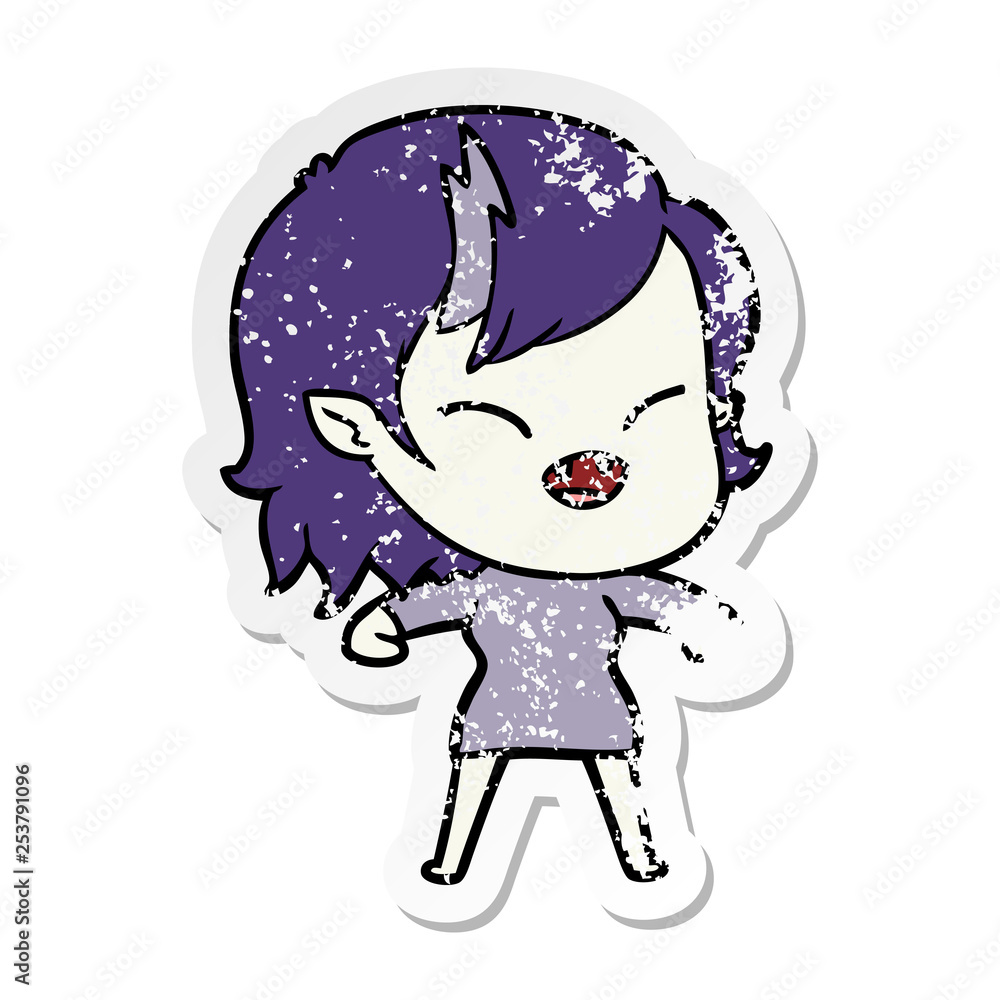distressed sticker of a cartoon laughing vampire girl distressed sticker of a cartoon laughing vampire girl