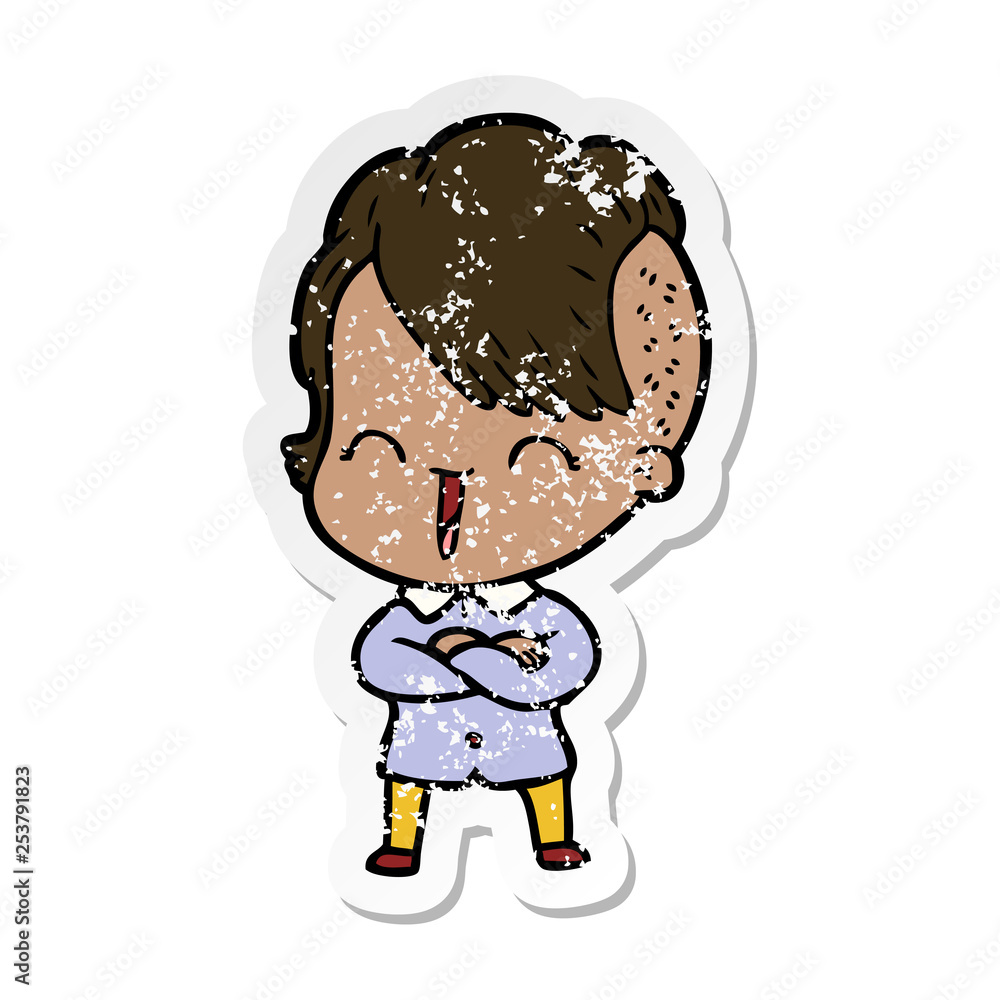 distressed sticker of a cartoon happy hipster girl distressed sticker of a cartoon happy hipster girl