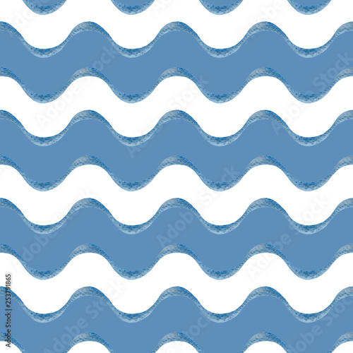 Watercolor seamless pattern with wavy white and blue lines imitating the surface of the sea. Illustration. Waiting for summer.