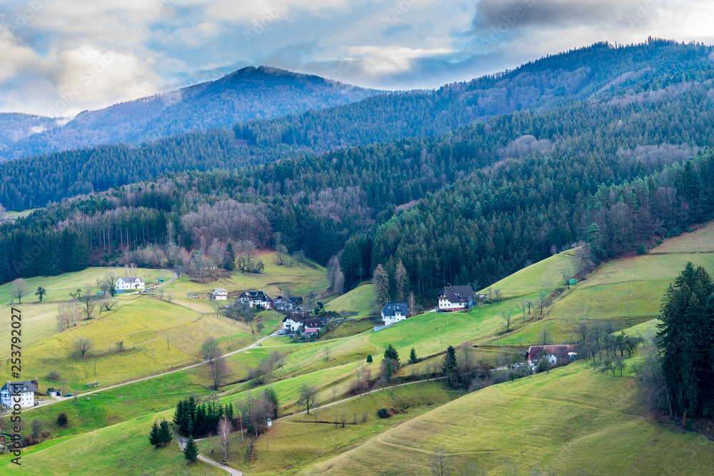 Germany, Mountainous nature and houses in countryside of black forest