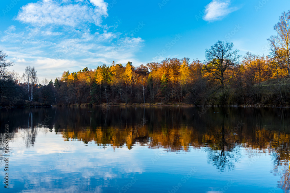 Colorful autumnal trees at lakeshore reflecting in surface of lake water
