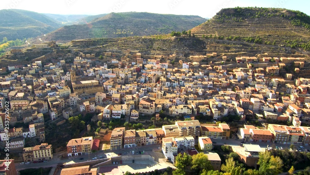 Valencia. Village of Ademuz. Spain.  Aerial view by Drone