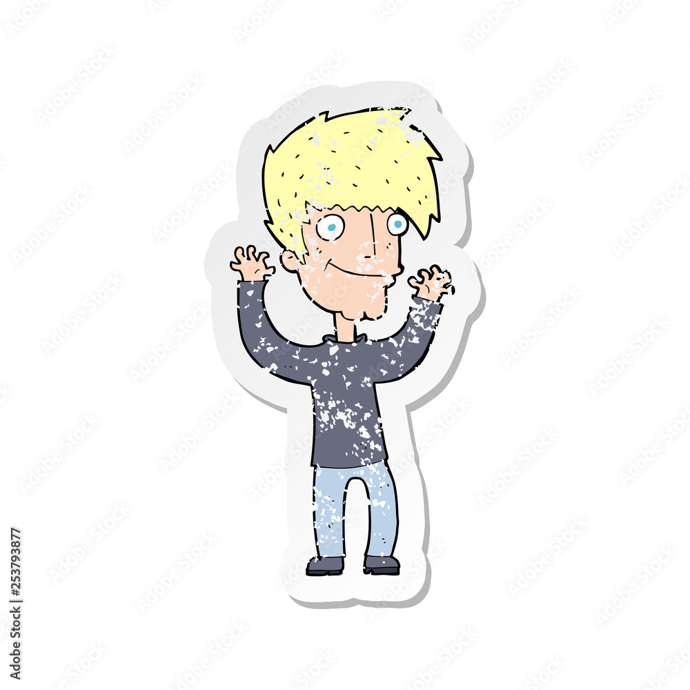 retro distressed sticker of a cartoon man waving arms retro distressed sticker of a cartoon man waving arms