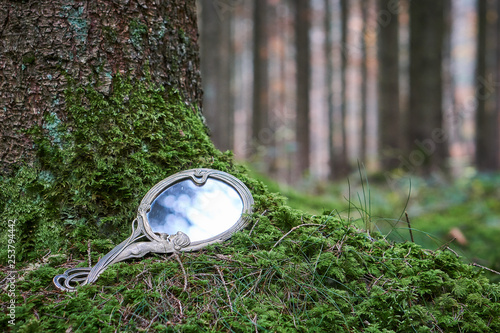 Art Nouveau mirror in forrest, copy space