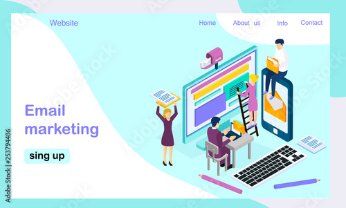 	 Isometric vector landing page template for e-mail marketing, product promoting, advertising campaign, digital promotion.