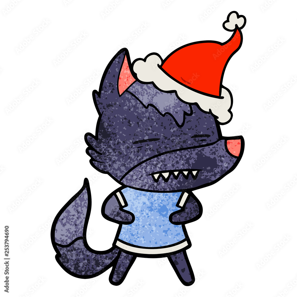 textured cartoon of a wolf showing teeth wearing santa hat textured cartoon of a wolf showing teeth wearing santa hat