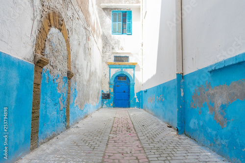 Tight and Narrow Blue and White Street in the Medina of Essaouira Morocco © James