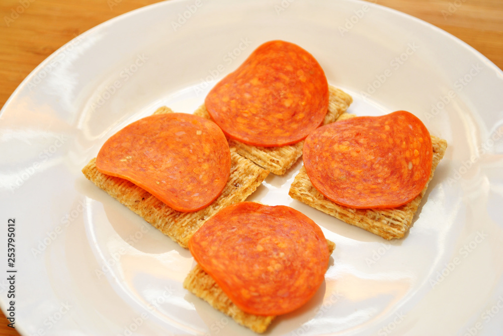 Pepperoni Slices On Whole Wheat Crackers