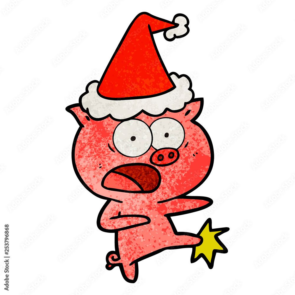 textured cartoon of a pig shouting and kicking wearing santa hat textured cartoon of a pig shouting and kicking wearing santa hat