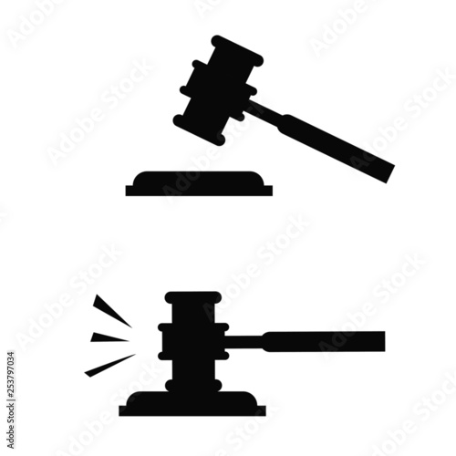 Flat design of judge gavel icon. Simple modern symbol. Perfect black pictogram illustration isolated on white background. Gavel blow concept.