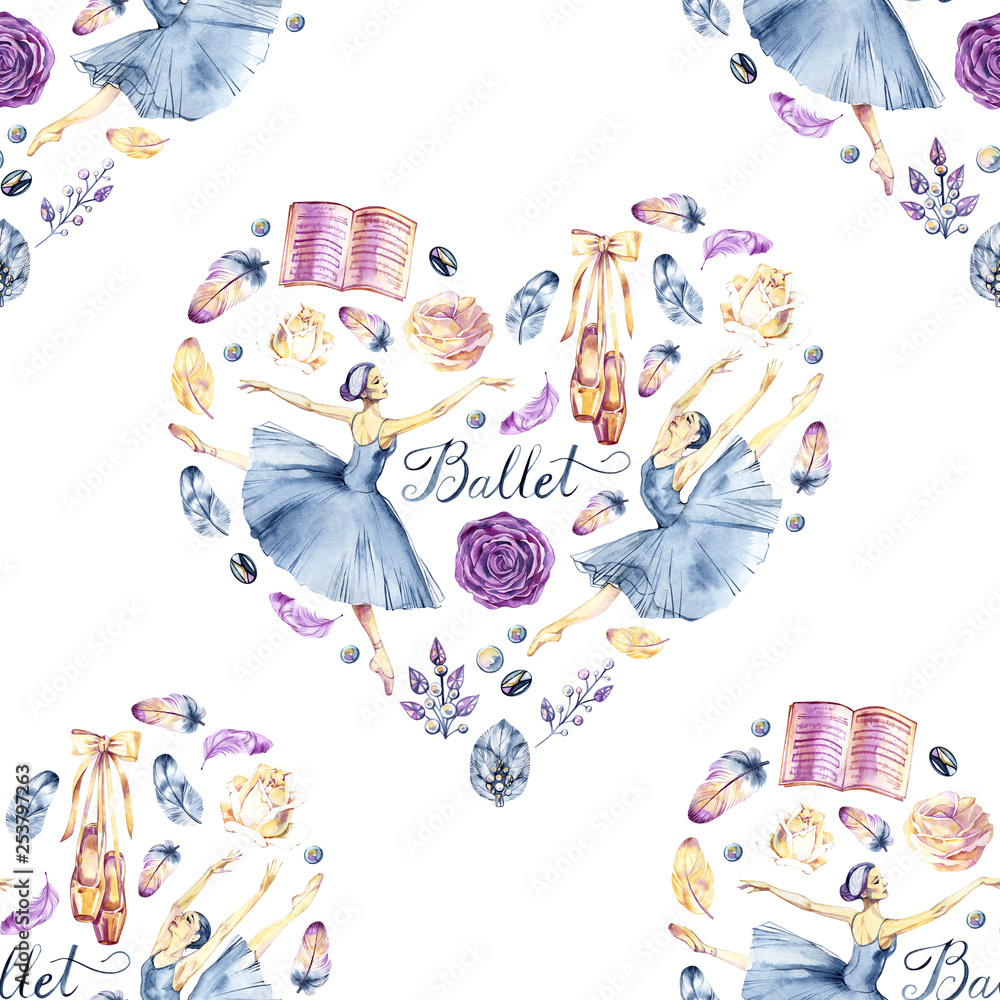 Watercolor handpainted collection with ballerinas, pointe shoes, ballet accessories, flowers, feathers, frames, wreaths, cards, lettering, heart of feathers and more. - obrazy, fototapety, plakaty 