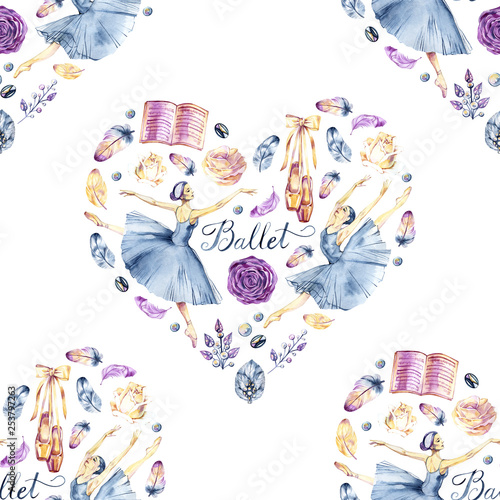 Watercolor handpainted collection with ballerinas, pointe shoes, ballet accessories, flowers, feathers, frames, wreaths, cards, lettering, heart of feathers and more.