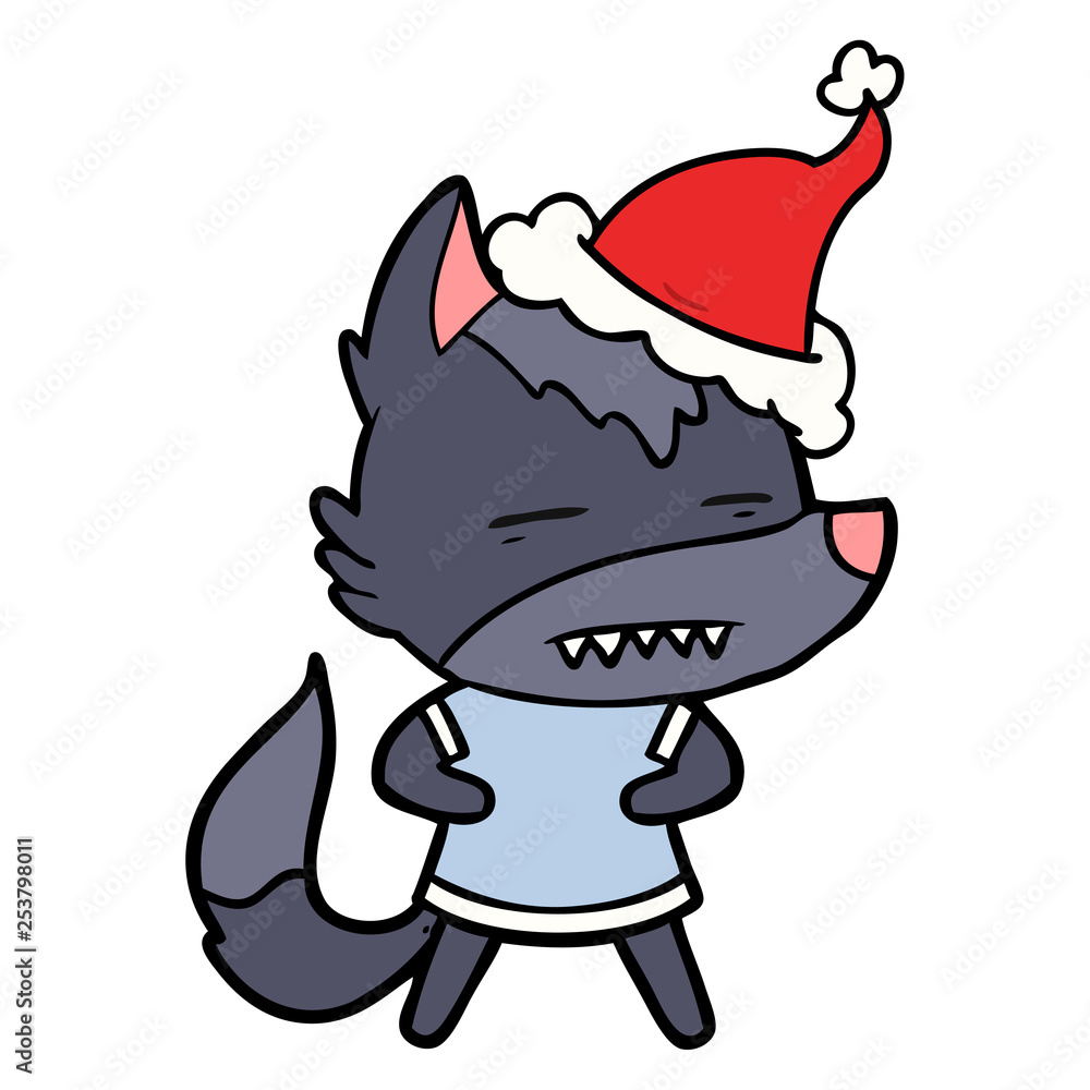 line drawing of a wolf showing teeth wearing santa hat line drawing of a wolf showing teeth wearing santa hat