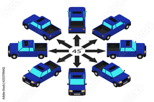 Rotation of the pickup truck by 45 degrees. Blue pickup in different angles in isometric.
