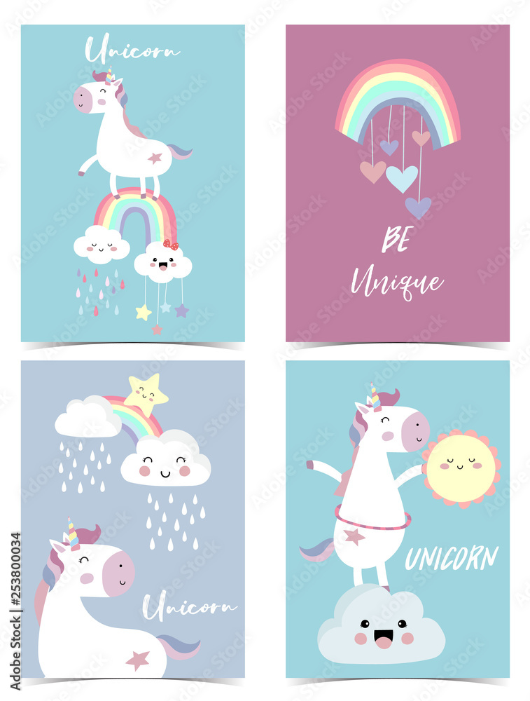 Plakat Pink blue violet hand drawn seamless pattern with rainbow,heart,cloud,unicorn and rain