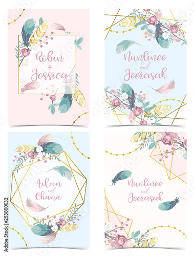 Geometry pink blue gold wedding invitation card with rose,leaf,ribbon,wreath,feather and frame