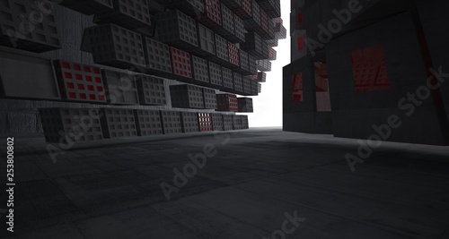 Abstract red and concrete parametric interior with window. 3D illustration and rendering.