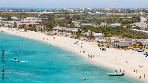 Aerial view of the beach at the cruise center of Grand Turk in the Caribbean with a view over Cockburn Town.. © zaschnaus