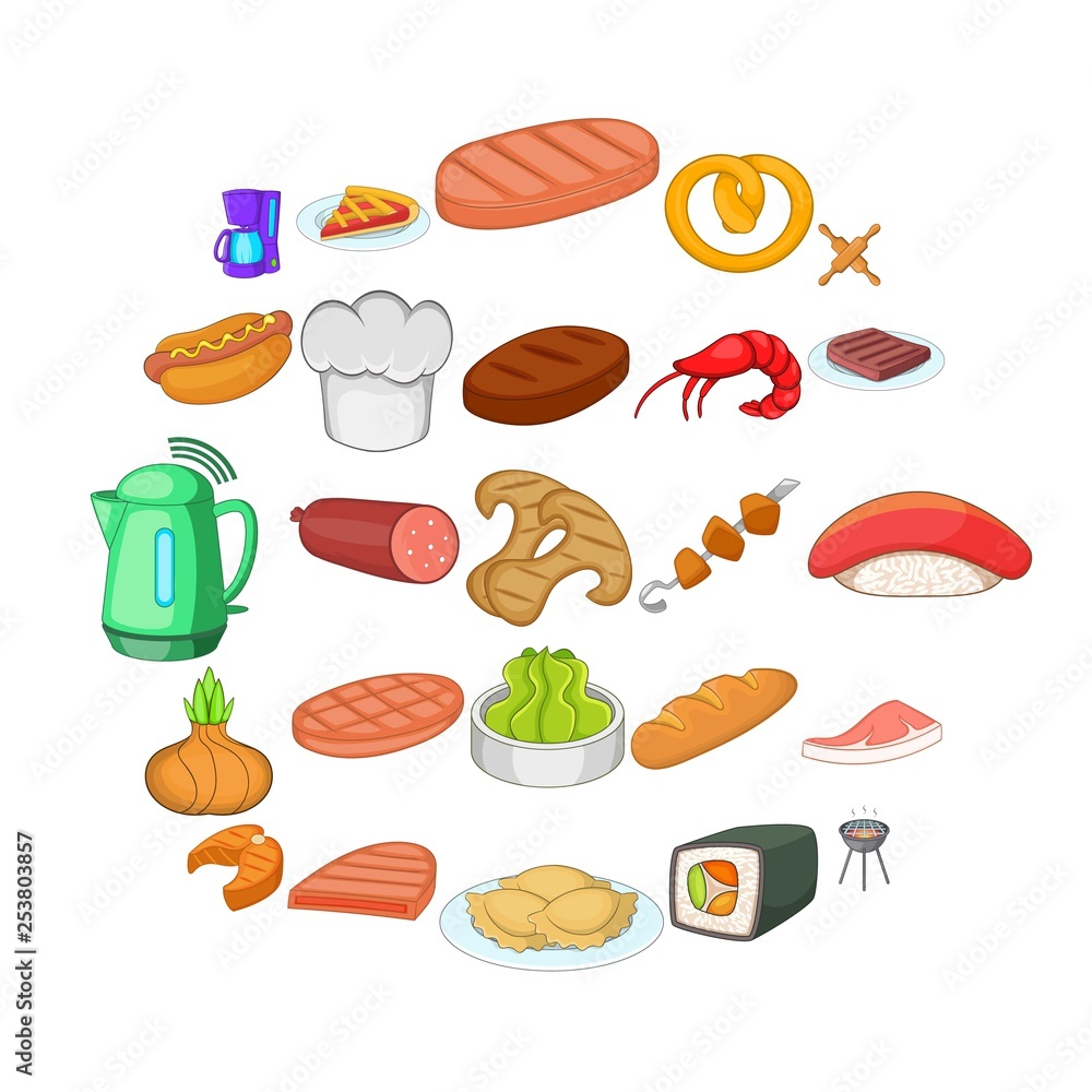 Meat delicacy icons set. Cartoon set of 25 meat delicacy vector icons for web isolated on white background