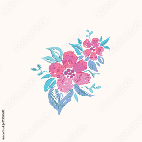 EPS Vector Floral Embroidery Design. Red Pink Flowers Patch on white background