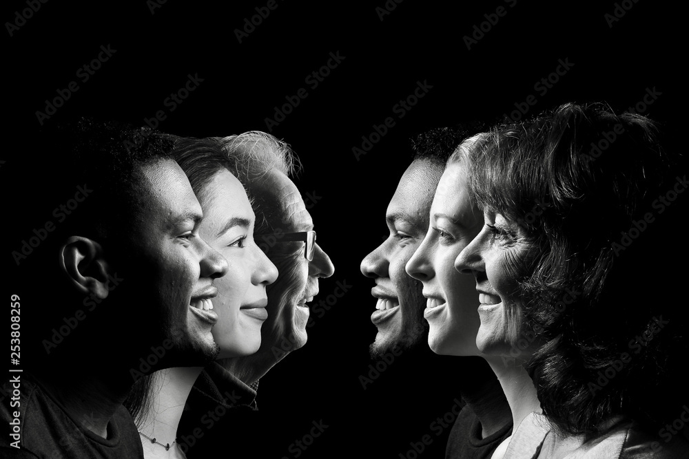 Group of 5 different people in a row - obrazy, fototapety, plakaty 