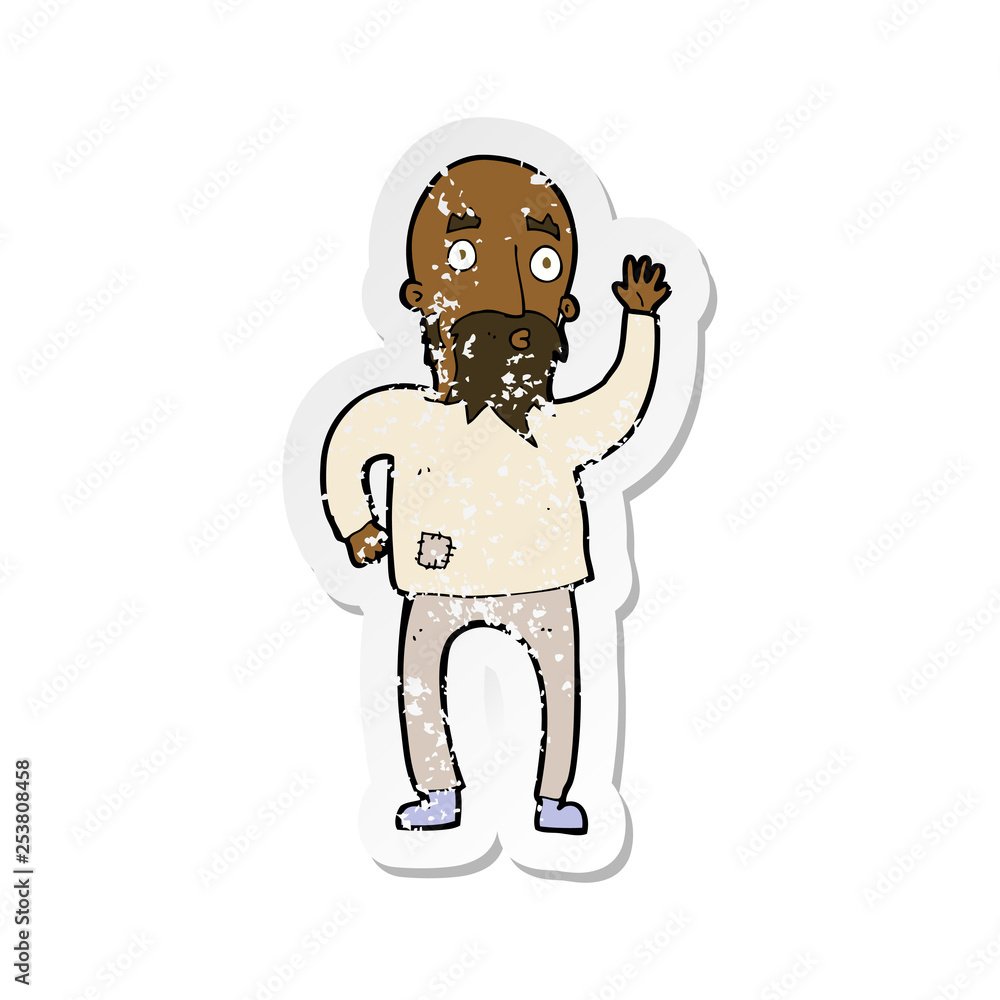 retro distressed sticker of a cartoon bearded man waving retro distressed sticker of a cartoon bearded man waving