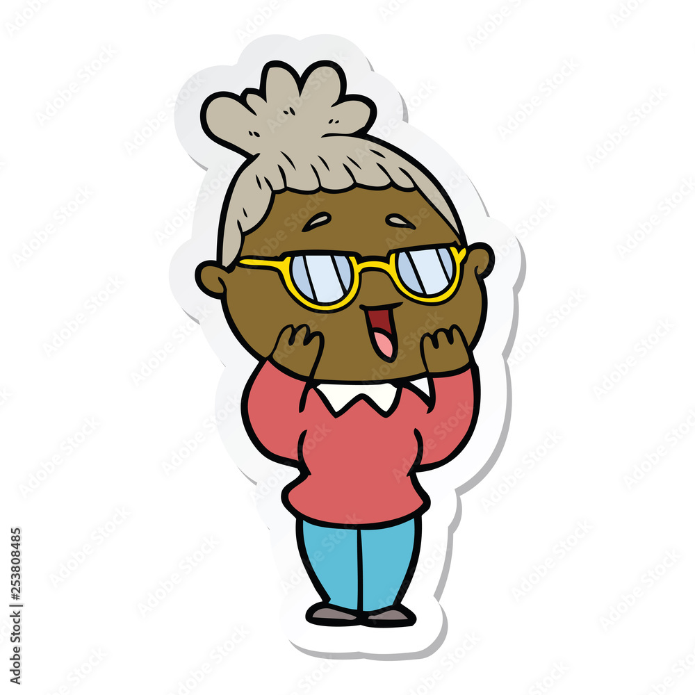 sticker of a cartoon happy woman wearing spectacles sticker of a cartoon happy woman wearing spectacles