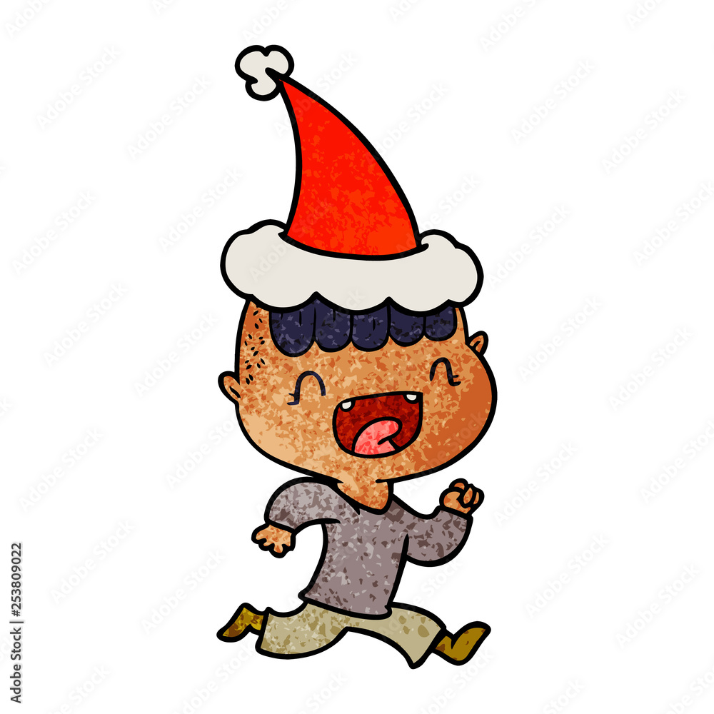 textured cartoon of a happy boy laughing and running away wearing santa hat textured cartoon of a happy boy laughing and running away wearing santa hat