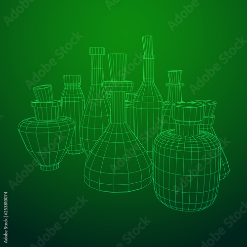 Different wine bottles. Model wireframe low poly mesh vector illustration