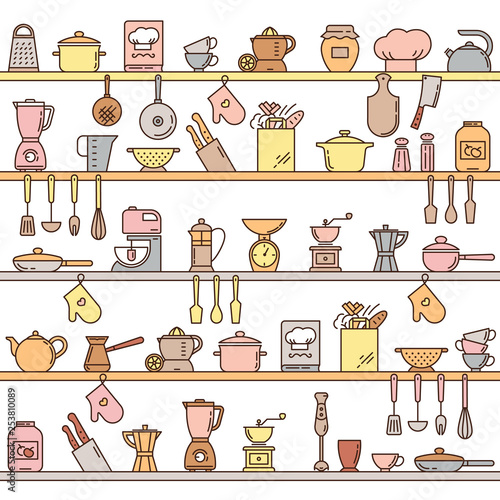 Seamless pattern with kitchen shelves full of various kitchen items and tools from colorful icons made in a flat style.
