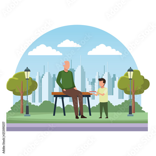 faceless grandparent bench outdoor barbecue food