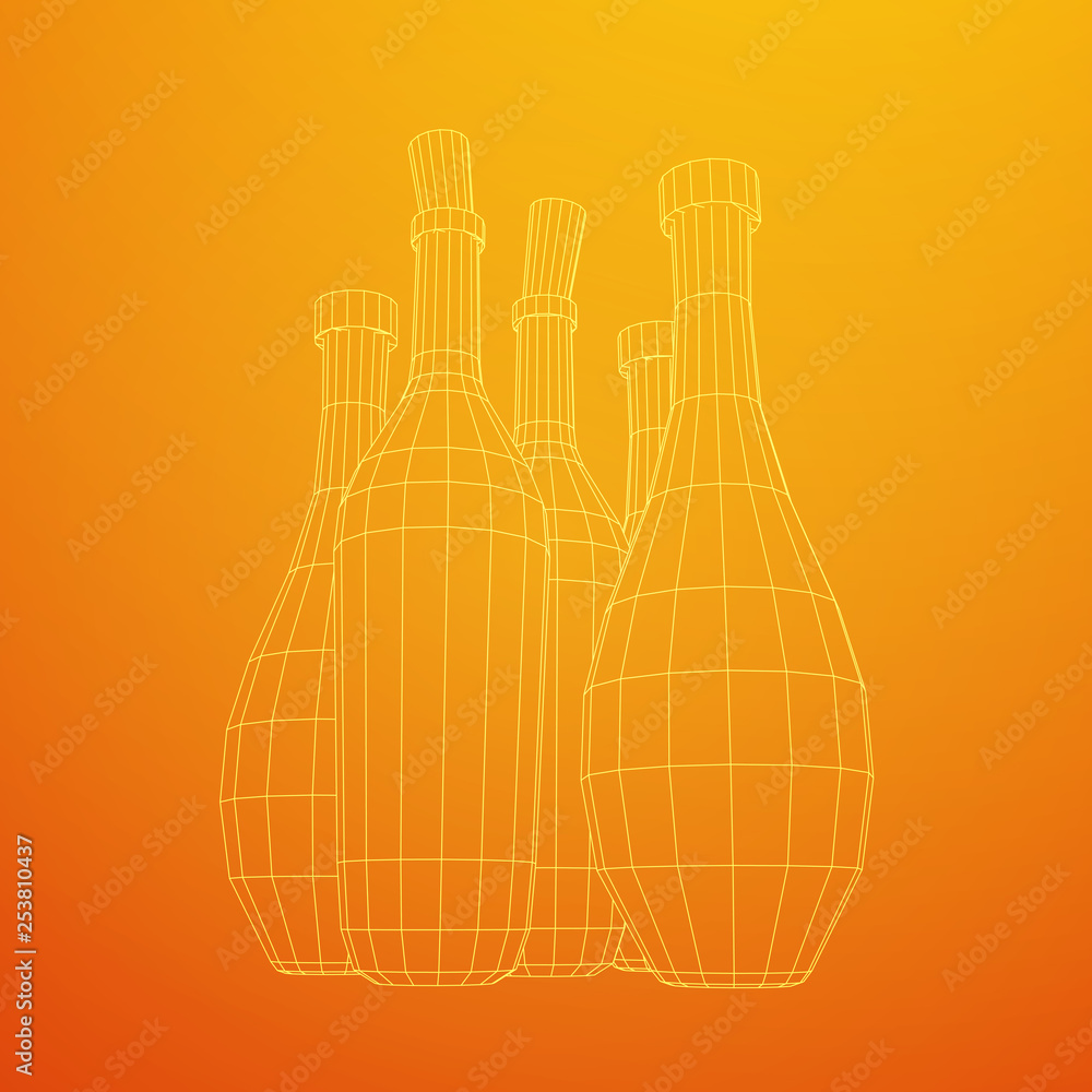 Different wine bottles. Model wireframe low poly mesh vector illustration Different wine bottles. Model wireframe low poly mesh vector illustration