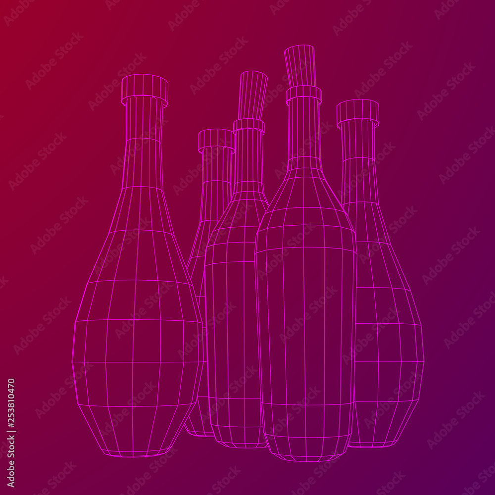 Different wine bottles. Model wireframe low poly mesh vector illustration Different wine bottles. Model wireframe low poly mesh vector illustration