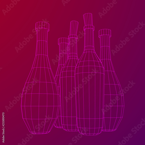 Different wine bottles. Model wireframe low poly mesh vector illustration