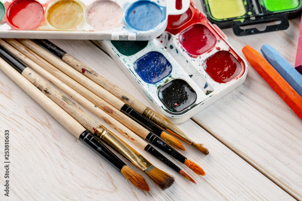 Paint brushes and paints for drawing. Paint brushes and paints for drawing.