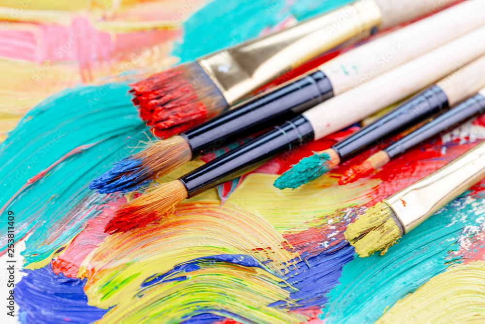 Paint brushes and paints for drawing. Paint brushes and paints for drawing.