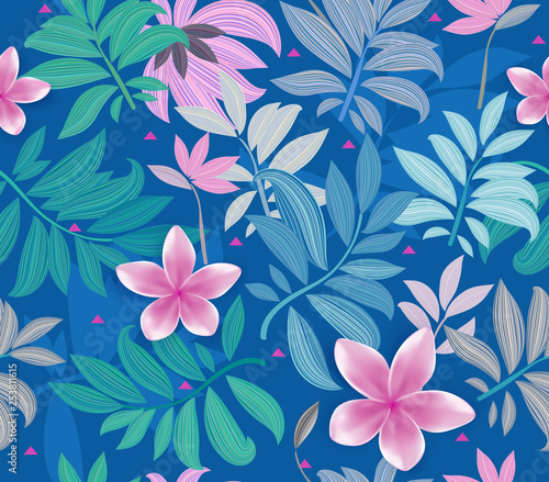 Tropical plants  jungle green blue palm leaves and Pink flowers on Blue background. Seamless pattern