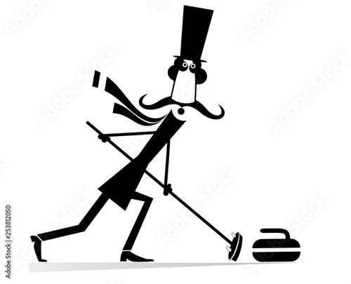 Mustache man in the top hat plays curling isolated illustration. Mustache gentleman in the top hat with curling brush pushes a stone towards a black on white illustration 