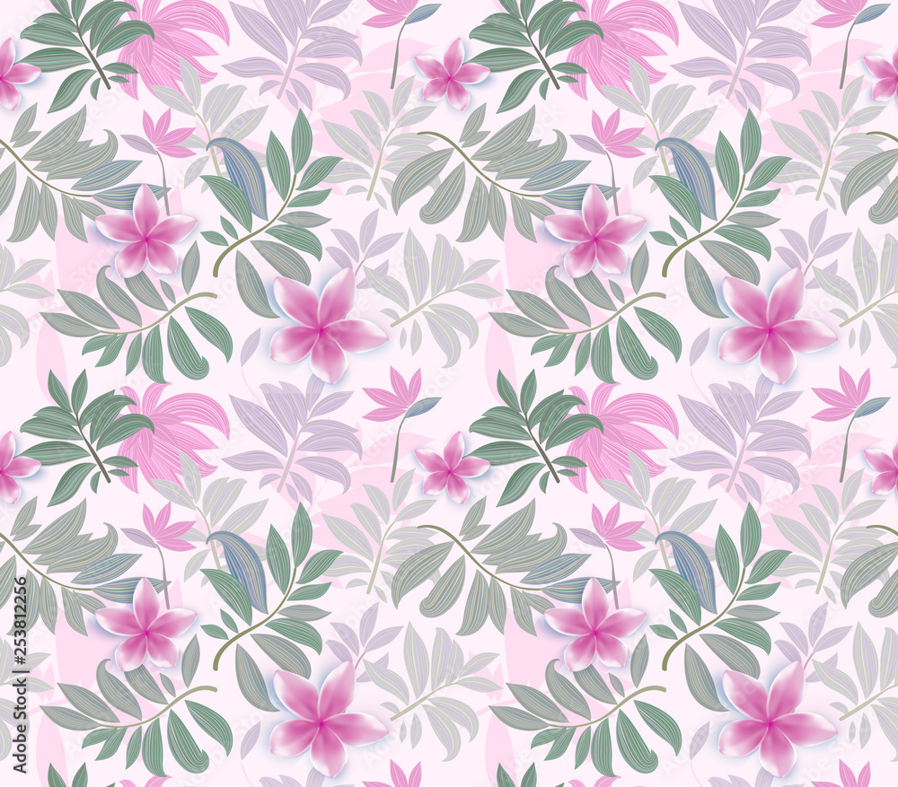 Fototapeta premium Tropical plants, jungle green palm leaves and flowers on Pink background. Seamless pattern