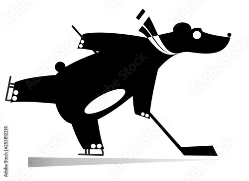 Cartoon bear an ice hockey player black on white illustration. Cartoon bear plays ice hockey original silhouette isolated 