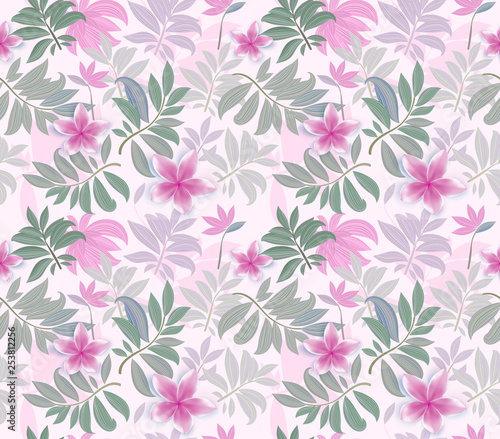 Tropical plants, jungle green palm leaves and flowers on Pink background. Seamless pattern