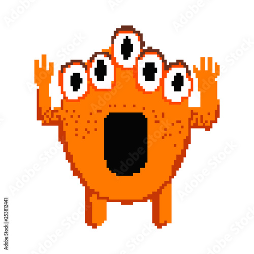 Scared shouting pixel monster. Alien with many eyes raising hands and screaming with fear. Can be used for topics like emotion, horror, Halloween