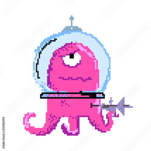 Serious alien wearing spacesuit. Pixel monster in helmet holding weapon. Can be used for topics like invader, videogame, sci-fi