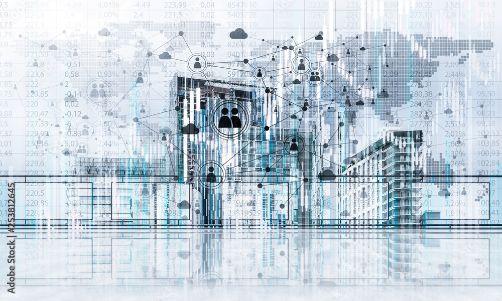 Obraz premium Concept of global communication and networking with world map over cityscape