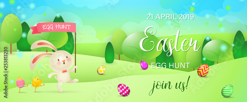 Easter Egg Hunt festive banner design. Cute bunny with flag, chicken and eggs on grass. Illustration can be used for posters, flyers, greeting cards